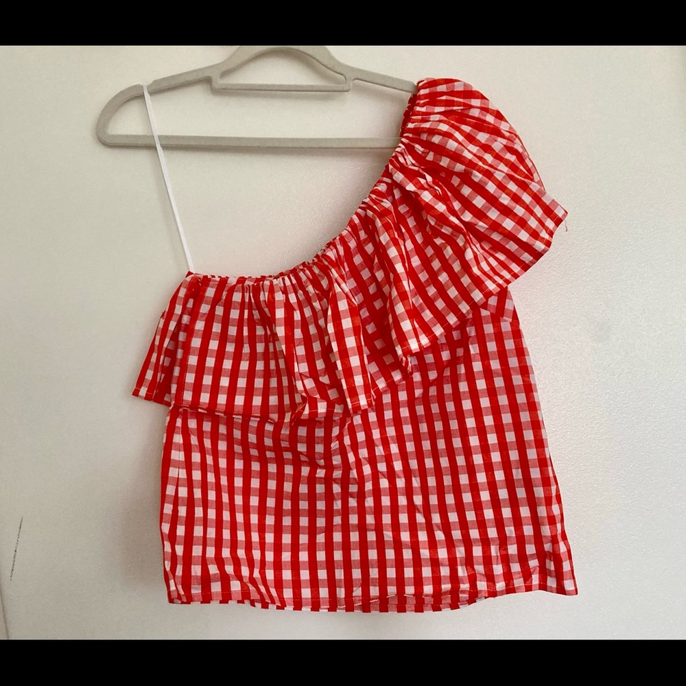 J. Crew Red and White Asymmetrical Ruffled Blouse
